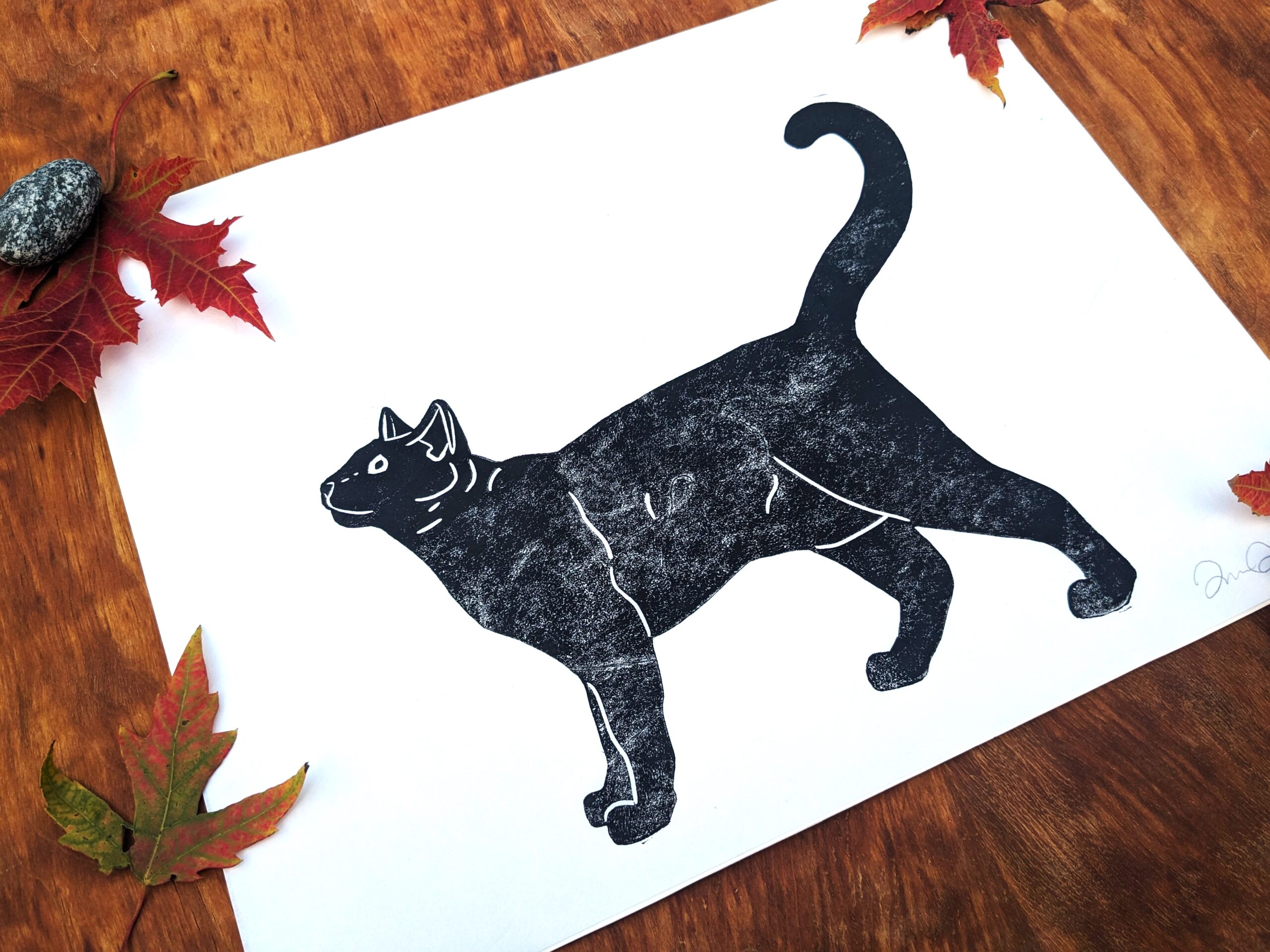 Black Cat Print, Black Cat Art, Black Cat Linocut Print Original